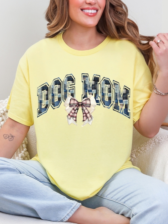 Gildan Tops - Gildan Yellow "Dog Mom" Graphic Tee with Plaid Bow